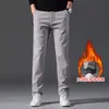 Chegada nova outono e inverno calça casual masculina reta de algodão com forro de fleece preto cinza escuro safira cáqui cinza regular em estoque