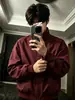 Chaqueta holgada de estilo urbano Americano color rojo vino con cuello mao, aspecto desgastado, genial, funcional, para hombre, prenda exterior casual de otoño e invierno