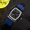Reloj Transfronterizo para Hombre Estilo Nuevo Forma de Barril Esfera Esqueleto Correa de Silicona Resistente al Agua Mecánico de Bolsillo Esfera de Cuarzo