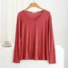 2024 Nuevo Estilo Camiseta Básica Fina de Manga Larga para Mujer Primavera y Otoño Modal Cuello en V Camiseta Interior Holgada Todo Fósforo Color Sólido Top