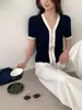 Top de punto para mujer 2026 Verano Lana Acanalado Doble Cremallera Manga Corta Lujo Ligero Bloque de Color Cuello en V Gama Alta