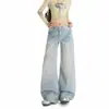 Pantalones vaqueros de pierna ancha recta con caída, estilo retro americano 2026, lavados, desgastados, con orejas de gato, arrugados, holgados, para mujer