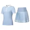 [Conjunto de Falda de Tenis] Top de Manga Corta con Cuello Polo para Mujer, Falda Plisada Deportiva Transpirable para Fitness, Stock Listo para Exportación