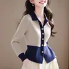 Cardigan de Tricô Longo com Lapela Color Block Deslumbrante Estilo Francês para Mulheres, Moda Outono e Inverno Versátil e Elegante como Peça de Base