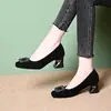 Zapatos de mujer de tacón grueso con punta cuadrada estilo francés, zapatos de noche de corte bajo, gamuza con pedrería, negros, adecuados para el trabajo y para ir al trabajo, para combinar con una falda