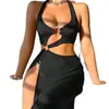 Suministro de Comercio Exterior Transfronterizo Europeo y Americano Nuevo Estilo Sexy Abertura Lateral Alta Cuello Halter Vestido Largo Conjunto de Lencería