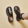 Mocassins de Couro Genuíno com Solado Grosso para Mulheres, Novo Estilo de Primavera Versátil Slip-On Sapatos Femininos, Sapatos Pequenos de Couro Estilo Britânico Preto para Mulheres