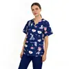 Blusa de Uniforme Estampada con Cuello en V para Mujer, Elástica de Secado Rápido, Uniforme para Salón de Peluquería de Mascotas, Doctor, Enfermera, Manga Corta