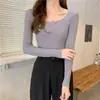 Suéter de cuello cuadrado para mujer, otoño/invierno, top de punto de imitación lana de cuello redondo, capa interior de manga larga, camiseta básica ajustada de cuello en U