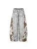 Estampado de letras retro americano, estampado de leopardo con diamantes de imitación, nuevos pantalones casuales versátiles para mujer de verano, pantalones holgados con dobladillo curvo y teñido sucio