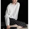 Guof/Camisa Blanca para Mujer con Dobladillo Texturizado Ligeramente Arrugado, Relajada, Cintura Ajustable, Cuello Irregular de Encaje Retro 34231