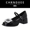 Sapatos Retrô de Salto Alto Grosso para Mulheres 2025 Primavera Sapatos de Couro Mary Jane Estilo Pequeno Fragrante Estilo Hepburn Boca Rasa Fivelas Sapatilhas