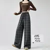 Pantalones de Pierna Ancha a Cuadros Retro Americano para Mujer Otoño Nuevo Cintura Alta Adelgazantes Suaves Lisos de Pierna Recta Holgados con Caída Pantalones Casuales