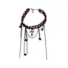 Collar de Cadena para Clavícula para Mujer, Estilo Lujo Ligero, Cruz con Borla y Perlas Rojas Incrustadas de Diamantes, Moderno y a la Moda, Gama Alta, Exquisito, Nicho