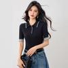 2025 Verano Nuevo Moda Americana Color Contraste Ajustado Camiseta Corta de Punto Camiseta Base Lel Top de Manga Corta para Mujer