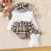 Camisas Blancas de Manga Larga Otoño Nuevo Europeo y Americano, Pantalones de Cuadros Marrones, Ropa Exquisita para Bebés Niñas Venta al por Mayor