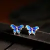 Pendientes de botón de mariposa de filigrana azul quemado de plata S925, Pendientes de mujer de estilo fresco, únicos y de moda