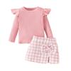 Conjunto de Ropa para Niña Estilo Little Chanel Otoño e Invierno 2025: Conjunto de Dos Piezas para Niños Pequeños: Top de Manga Larga Acanalado y Falda a Cuadros con Abertura