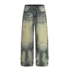 Fx089 Moda Americana Tendencia Hombres y Mujeres Street Retro Nostálgico Patrón Bigotes de Gato Azul Diseño Desgastado Jeans Sueltos para Hombre