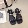 Sandalias Romanas de Cuña Gruesa de Moda Estilo Hada para Mujer, Verano, Puntera Cuadrada, Perlas, Slip-On, para Combinar con Vestidos