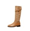 Botas Western Retro de Caña Alta para Mujer con Hebilla de Cuero Color Caramelo Castaño, Botas de Montura de Gamuza con Punta Redonda y Tacón Bajo, Botas de Media Caña