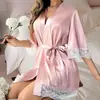 Pijama de seda gelada feminino plus size mais vendido da Amazon, roupão curto com cadarço e detalhes em renda, vestuário doméstico e roupão feminino
