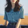 Verão Dopamina Desgaste Único Chic Camisa Pequena High-end Top Ocidental-estilo Idade-redutor Azul Camisa de Ombro de Manga Curta para Mulheres