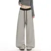 Pantalones casuales de punto a rayas beige y gris estilo americano para mujer, corte holgado y relajado, con una caída favorecedora, efecto adelgazante, versátiles pantalones largos de pierna ancha y recta