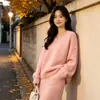 Suéter de Punto de Lana Cepillada para Mujer Otoño/Invierno 2026 Cuello en V Holgado Casual Moda Color Sólido Tejido Pulóver