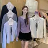 Otoño e Invierno Nuevo Dulce Elegante Cuello en V Lazo de Encaje Reductor de Edad Cubre Carne Jersey de Punto de Manga Larga Ropa de Punto para Mujer