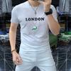 Camisa de cuello redondo y manga corta para hombre, de alta gama, con letras de diamantes de imitación, cómoda y a la moda, de algodón de seda helada, ajustada y a la moda.