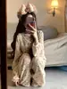 Conjunto de pijama de manga larga de gasa de algodón puro con estampado floral de albaricoque lechoso para mujer, conjunto de dos piezas fino de verano para casa, se puede usar para salir