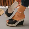 Chanclas de cuña de plataforma de tacón alto de una tira de talla grande para mujer, sandalias de tacón alto de plataforma de suela gruesa con punta abierta, Chanclas de talla grande para mujer, Venta al por mayor