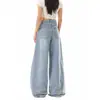 Jeans Wide Leg Lavado Estilo Retrô Americano Rumei para Mulheres, Novo Estilo Primavera e Outono, Calça Longa Casual Reta Solta com Curva