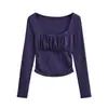 Camiseta Elegante Ajustada Franzida de Manga Longa Outono Nova Moda Versátil Camisa Básica Gola Quadrada Top Puro Desejo