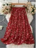 Falda midi de cintura alta floral fluida línea A para mujer, nuevo estilo de verano, adelgazante, longitud media, falda con estampado vintage