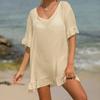 Blusa playera estilo vacaciones transfronterizas europeas y americanas, camisa de color liso con protección solar, blusa holgada tipo bikini con escote en V y volantes.