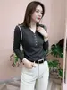 Moda Otoño e Invierno para Mujer, Camiseta de Terciopelo Doble Cara de Manga Larga Ajustada, Top Versátil Elegante de Color Sólido con Cuello en V