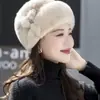 Chapéu de Pelúcia de Coelho para Mulheres, Moda Outono e Inverno, Impermeável, Chapéu de Pelo de Visão para Mãe, Touca de Pelo Sintético, Gorro Quente