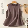 Camiseta sin mangas de algodón y lino holgada vintage de color liso para mujer, talla grande, primavera y verano, Venta al por mayor Transfronteriza