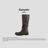 Botas Longas Acima do Joelho de Couro Plissadas Empilhadas de Salto Alto Moda para Mulheres 2026 Novas Botas de Equitação com Solado Grosso e Salto Bloco