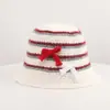 Sombrero de pescador coreano de otoño para mujer, fino, con bloques de color y rayas, de punto de alpaca, con cobertura facial, ligero y transpirable, con cordón y detalle de lazo