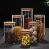 Frasco hermético de vidrio de borosilicato para comercio exterior con tapa de bambú, frasco para té, frasco de almacenamiento redondo de vidrio transparente, botella de almacenamiento para frutas secas