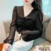Roupa de Proteção Solar Camisa de Chiffon Fina de Verão Feminina 2025 Novo Estilo Chic e Bonita Manga Bufante Francesa Top Curto