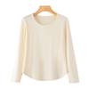 Nuevo Estilo de Otoño Camiseta Básica de Punto de Canalé con Cuello Redondo y Mangas Largas, Moda Simple y Elegante, Cómoda, con Dobladillo Curvo, Color Sólido, Top para Mujer