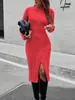 Vestido de punto de cuello medio de comercio exterior, Vestido suéter largo para mujer de otoño e invierno, Ajuste ceñido, Base de punto adelgazante, Vestido de línea A