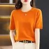 Suéter de punto de punto de cruz de manga corta para mujer, estilo nuevo, cuello redondo, holgado, para llevar debajo, otoño, camiseta base de manga media, versátil, fino, manga media