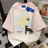 Camiseta de Verano de Algodón Puro Pesado Dulce y Fresca con Parches de Dibujos Animados Estilo Harajuku Holgada de Manga Corta con Estrellas para Hombres y Mujeres Tops de Pareja