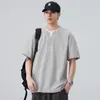 2026 Algodão Puro Estilo Americano Gola Henley Masculina Verão Estilo Old Money Retrô Solta Camiseta Tendência Casual Versátil Manga Curta