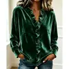 Nueva moda europea y americana de otoño/invierno para mujer, blusa de manga larga con volantes, top de manga larga de terciopelo liso, simple y elegante
